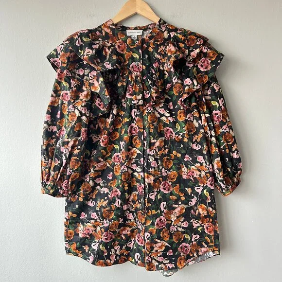 Something Navy Floral Ruffle Yoke Button Front Mini Dress Size S Womens - Picture 2 of 6